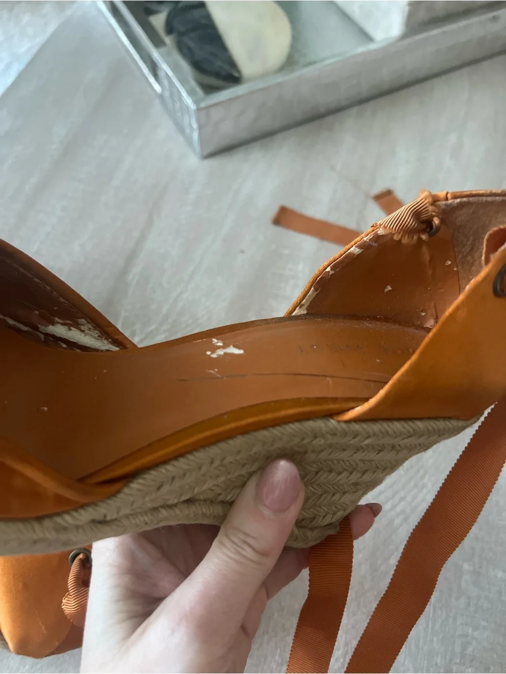 Nine West Orange Satin Espadrille Wedge Sandals with Ankle Wrap